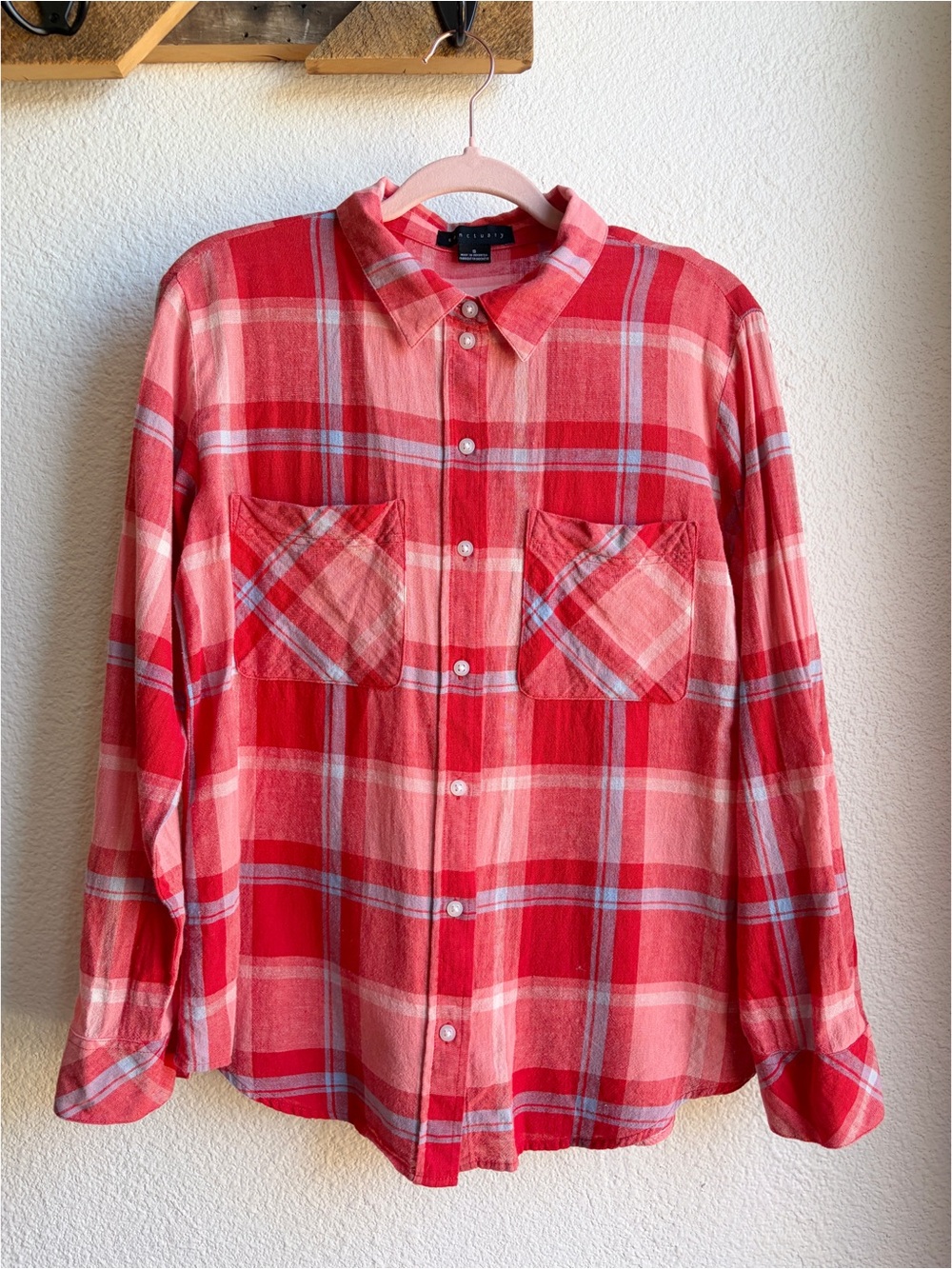 Sanctuary Red, Pink and Blue Plaid Linen Cotton Button Down Blouse Small